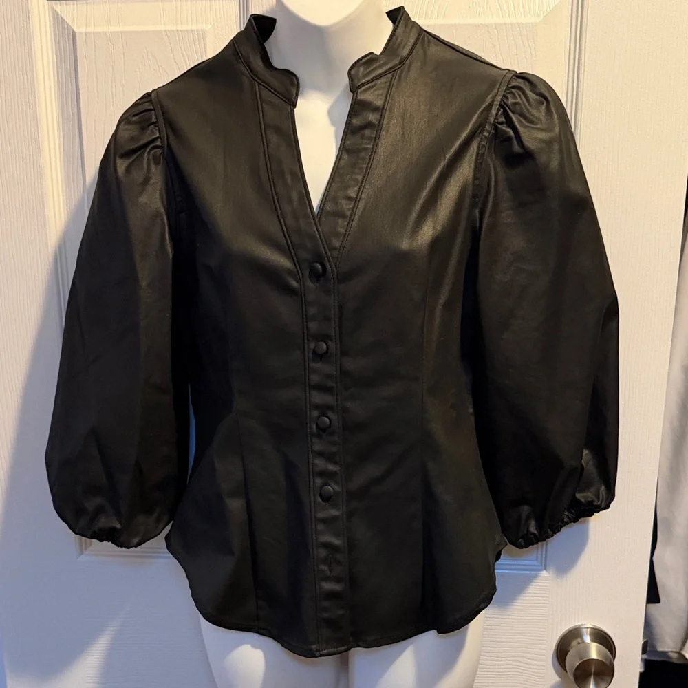 White House Black Market Coated Denim Puff Sleeve Blouse - Picture 4 of 10